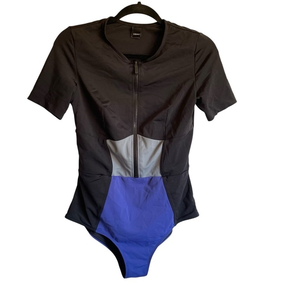 Chromat Black and Blue Bodysuit One Piece Swimwear Size Medium